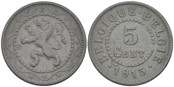 БЕЛЬГИЯ 5 САНТИМОВ 1915 BELGIQUE-BELGIE, ГЕРМАНСКАЯ ОККУПАЦИЯ ПЕРВАЯ МИРОВАЯ ВОЙНА KM 80 цинк 75-1168