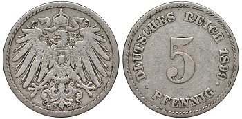 ГЕРМАНИЯ 5 ПФЕННИГОВ 1899 E, KM 11, J. 12 медно-никель 45-1116