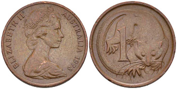 АВСТРАЛИЯ 1 ЦЕНТ 1978 ЕЛИЗАВЕТА II, МОЛОДОЙ ПОРТРЕТ, ОПОССУМ KM 62 бронза 100-838