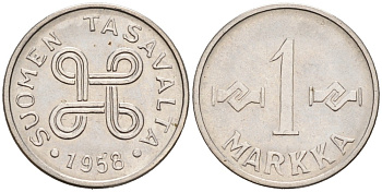 ФИНЛЯНДИЯ 1 МАРКА 1958 KM 38а железо плакированное никелем 192-1215