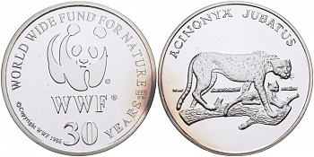 ЕВРОПА МЕДАЛЬ 1986 30 ЛЕТ WWF, ГЕПАРД, ACINONYX JUBATUS серебро PROOF 00-00
