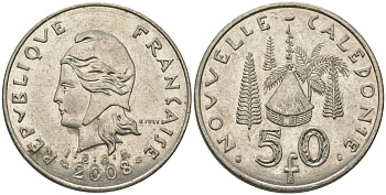 Французская Новая Каледония 50 франков 2008 хижина среди сосен и пальм, (IEOM) KM 13a, Schoen 15a, Lec 128i медно-никель 114-411