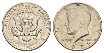 США 1/2 доллара (50 центов) 1972 Джон Кеннеди KM 202b медь плакированная медно-никелем aUNC 4140-541
