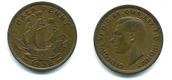 Великобритания 1/2 пенни 1938 Георг VI (1936-1952) KM 844, Spink 4115 4379-1423