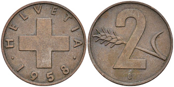 Швейцария 2 раппена 1958 В KM 47 бронза 4591-1224