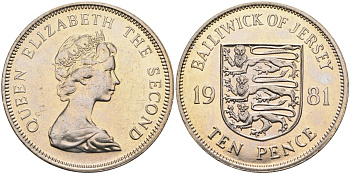 Джерси 10 пенсов 1981 герб, Елизавета II (1952-) KM 49 медно-никель UNC 4583-244