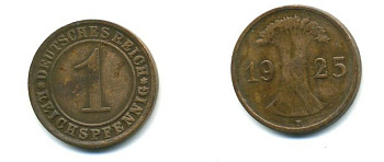 ГЕРМАНИЯ 1 РЕЙХСПФЕННИГ 1925 F KM 37, J. 313 бронза 46-828