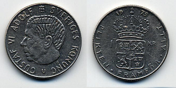 Швеция 1 крона 1973 Густав VI Адольф (1950-1973) KM 826а медь плакированная медно-никелем 25-951