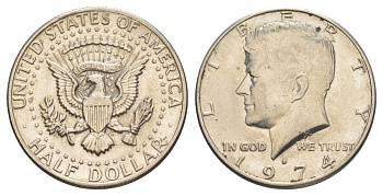 США 1/2 доллара (50 центов) 1974 D, Джон Кеннеди KM 202b медь плакированная медно-никелем aUNC 4123-713