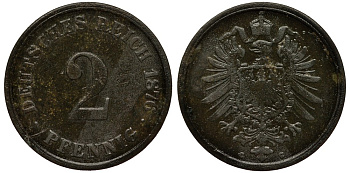 ГЕРМАНИЯ 2 ПФЕННИГА 1876 J, СТАРОГЕРБОВКА KM 2, J.2 медь 413-6021