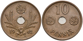 ФИНЛЯНДИЯ 10 ПЕННИ 1942 KM 33.1 медь 192-1111