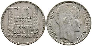 Франция 10 франков 1933 Пьер Тюрен KM 878, Le Franc 360.6 серебро 62-135
