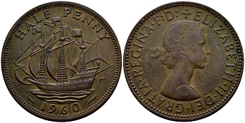 Великобритания 1/2 пенни 1960 Елизавета II (1952-2022) KM 896, Spink 4158 бронза 57-412