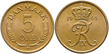 ДАНИЯ 5 ЭРЕ 1965 C; S, ФРЕДЕРИК IX (1947-1972) KM 848.1 бронза UNC 28-1051