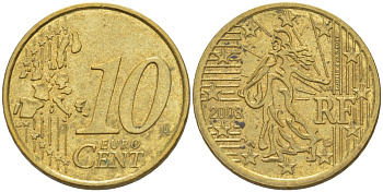 Франция 10 евроцентов 2003 KM 1285 латунь 216-1147