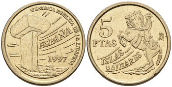 Испания 5 песет 1997 Хуан Карлос I (1975-2014), Балеарские острова, всадник KM 981 алюминиевая бронза 71-557
