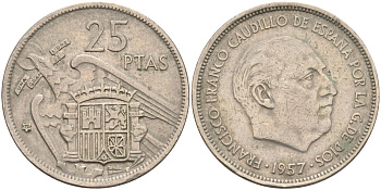 Испания 25 песет 1957(72) Франциско Франко (1939-1975) KM 787 медно-никель 4583-1036