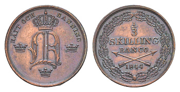 Швеция 1/3 скиллинга банко 1844 Оскар I (1844-1859) KM 657 медь 603-733