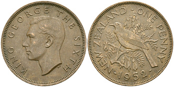 Новая Зеландия 1 пенни 1952 Георг VI (1936-1952), новозеландский туи KM 21 бронза 4120-113