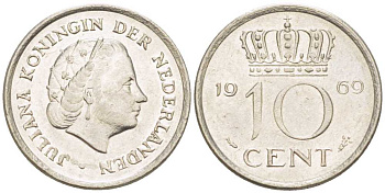 Нидерланды 10 центов 1969 Юлиана (1948-1980) KM 182 никель 214-1242