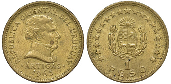 Уругвай 1 песо 1965 KM 46 алюминиевая бронза 28-1155