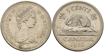 Канада 5 центов 1983 Елизавета II (1952-2022), бобер KM 60.2a медно-никель 4189-914