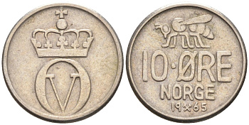 Норвегия 10 эре 1965 пчела, Улаф V (1958-1991) KM 411 медно-никель 4580-962