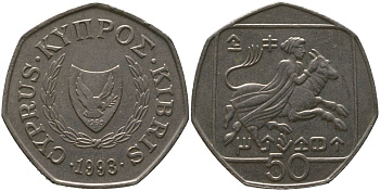 Кипр 50 центов 1993 похищение Европы KM 66 медно-никель 4402-623