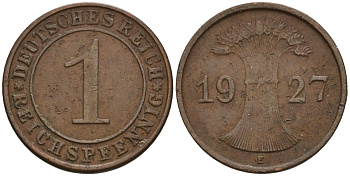 Германия 1 рейхспфенниг 1927 E KM 37, J. 313 бронза 4124-553