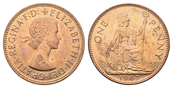 Великобритания 1 пенни 1967 Елизавета II (1952-2022) KM 897, Spink 4157 бронза UNC 4661-1021