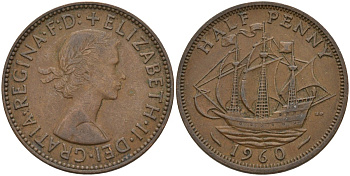 Великобритания 1/2 пенни 1960 Елизавета II (1952-2022) KM 896, Spink 4158 бронза 4146-257