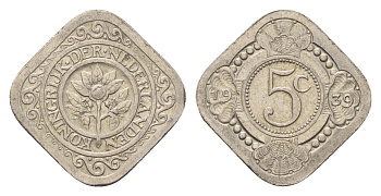 Нидерланды 5 центов 1939 Вильгельмина (1890-1948) KM 153 медно-никель 4675-912