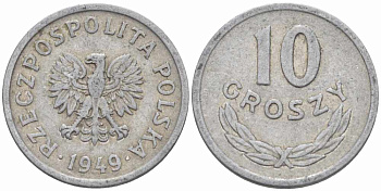 ПОЛЬША 10 ГРОШЕЙ 1949 KM 42а алюминий 105-726