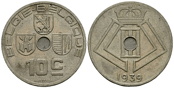 Бельгия 10 сантимов 1939 Belgie - Belgique KM 113 никель латунь 4121-613