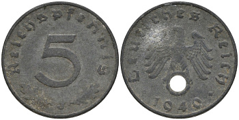 Германия 5 рейхспфеннигов 1940 J, монетный двор Гамбург  KM 100, J. 370 цинк 186-715