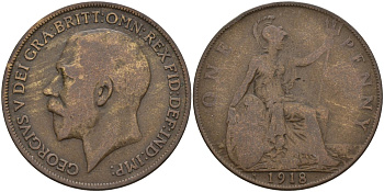 Великобритания 1 пенни 1918 Георг V (1910-1936) KM 810, Spink 4051 бронза 4144-821