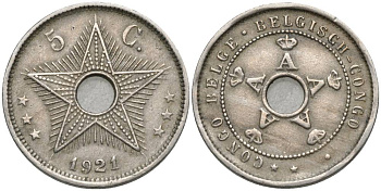 Бельгийское Конго 5 сантимов 1921 звезда KM 17 медно-никель 4549-1132