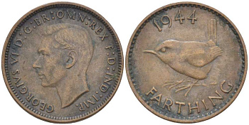 Великобритания 1 фартинг 1944 Георг VI (1936-1952) KM 843, Spink 4116 бронза 212-954