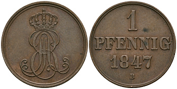 Ганновер 1 пфенниг 1847 B, Эрнст Август (1837-1851) KM 201.1, AKS 129, J. 74 медь 08-1356