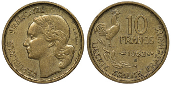 Франция 10 франков 1953 В, петух KM 915.2, Le Franc 363.9 алюминиевая бронза 4128-456