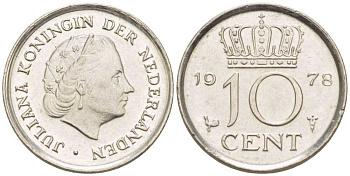Нидерланды 10 центов 1978 Юлиана (1948-1980) КМ 182 никель 211-1241