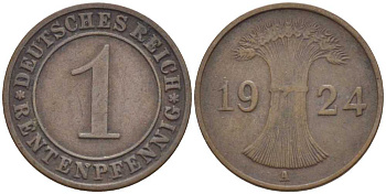 Германия 1 рентенпфенниг 1924 A KM 30, J. 306, Weege 1 бронза 206-231