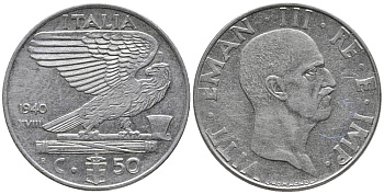 ИТАЛИЯ 50 ЧЕНТЕЗИМО 1940 R, РИФЛЕНЫЙ ГУРТ, МАГНИТНАЯ, ГОД XVIII KM 76b сталь 34-1234