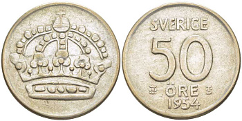 Швеция 50 эре 1954 TS, Густав VI Адольф (1950-1973) KM 825 серебро 119-1055