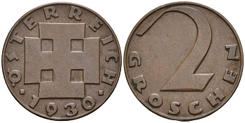 Австрия 2 гроша 1930 KM 2837 бронза 4608-438