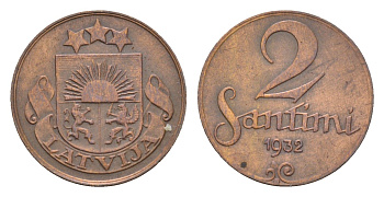 Латвия 2 сантима 1932 KM 2 бронза 4679-241