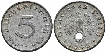 ГЕРМАНИЯ 5 РЕЙХСПФЕННИГОВ 1942 A, KM 100, J. 370 цинк 4525-1156