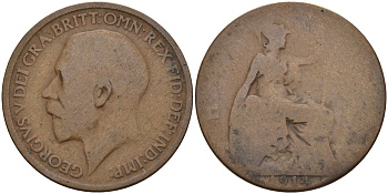 Великобритания 1/2 пенни 1914 Георг V (1910-1936) KM 809, Spink 4056 бронза 4153-747