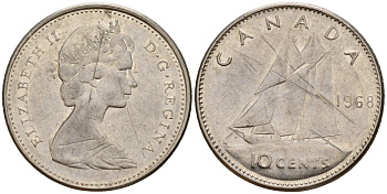 Канада 10 центов 1968 Елизавета II (1952-2022), парусник KM 73 никель 4189-917