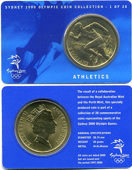 Австралия 5 долларов 2000 (1997) Олимпийские игры в Сиднее 2000 года, бег, Елизавета II (1953-), в оригинальном картонном буклете KM алюминиевая бронза UNC 5-6-3-57